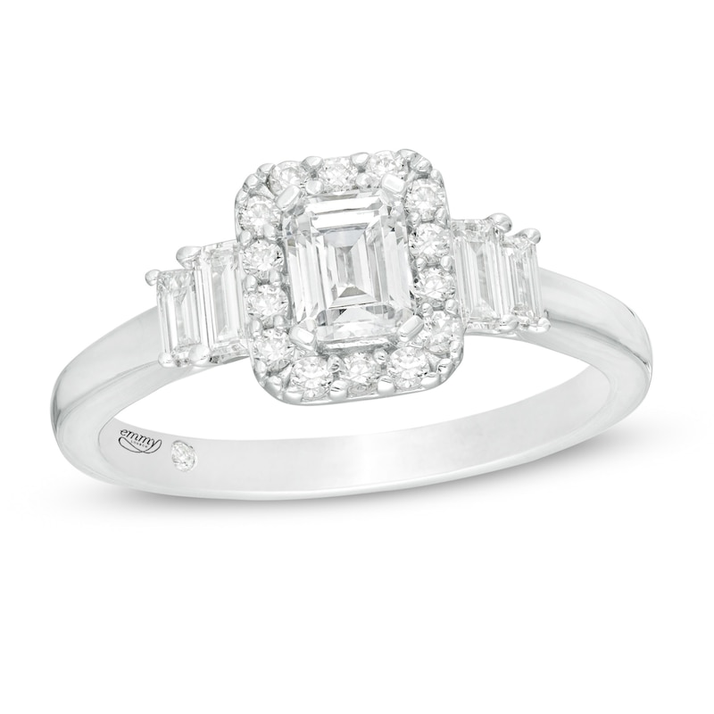 Emmy London 0.80 CT. T.W. Certified Emerald-Cut Diamond Frame Engagement Ring in 18K White Gold (F/VS2)