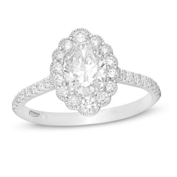 Emmy London 1.40 CT. T.W. Certified Oval Diamond Scallop Frame Vintage-Style Engagement Ring in 18K White Gold (F/VS2)