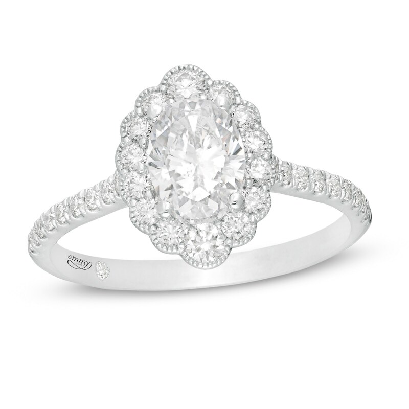 Main Image 1 of Emmy London 1.40 CT. T.W. Certified Oval Diamond Scallop Frame Vintage-Style Engagement Ring in 18K White Gold (F/VS2)