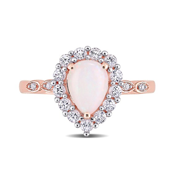 Pear-Shaped Opal and Lab-Created White Sapphire and Diamond Accent Frame Ring in 10K Rose Gold