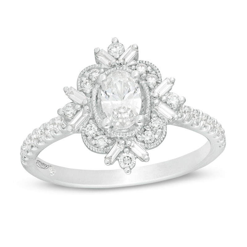 Emmy London 1.00 CT. T.W. Certified Oval Diamond Ornate Engagement Ring in 18K White Gold (F/VS2)|Peoples Jewellers