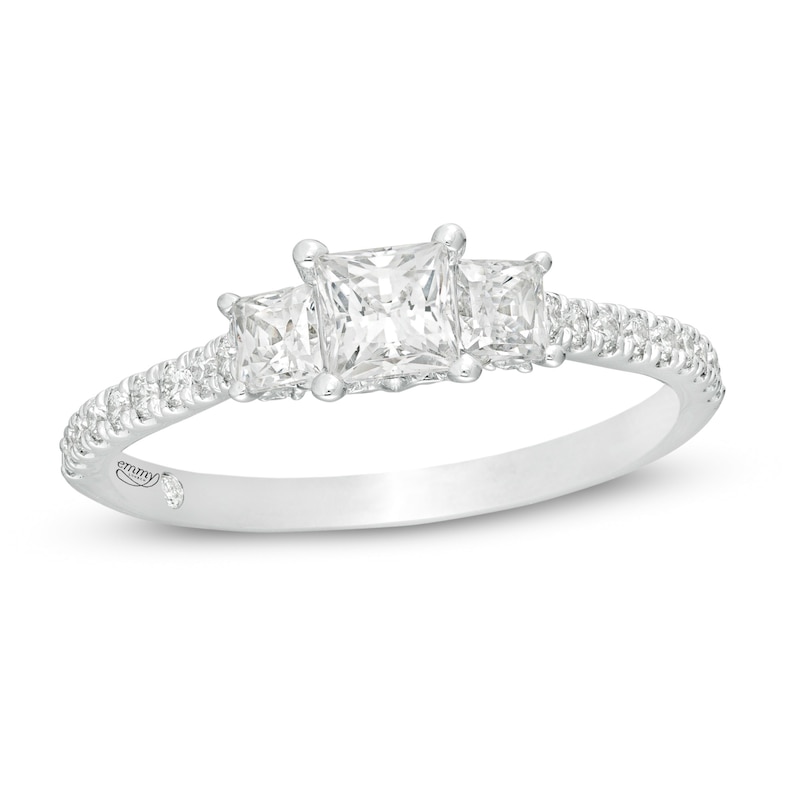 Emmy London 1.00 CT. T.W. Certified Princess-Cut Diamond Three Stone Engagement Ring in 18K White Gold (F/VS2)