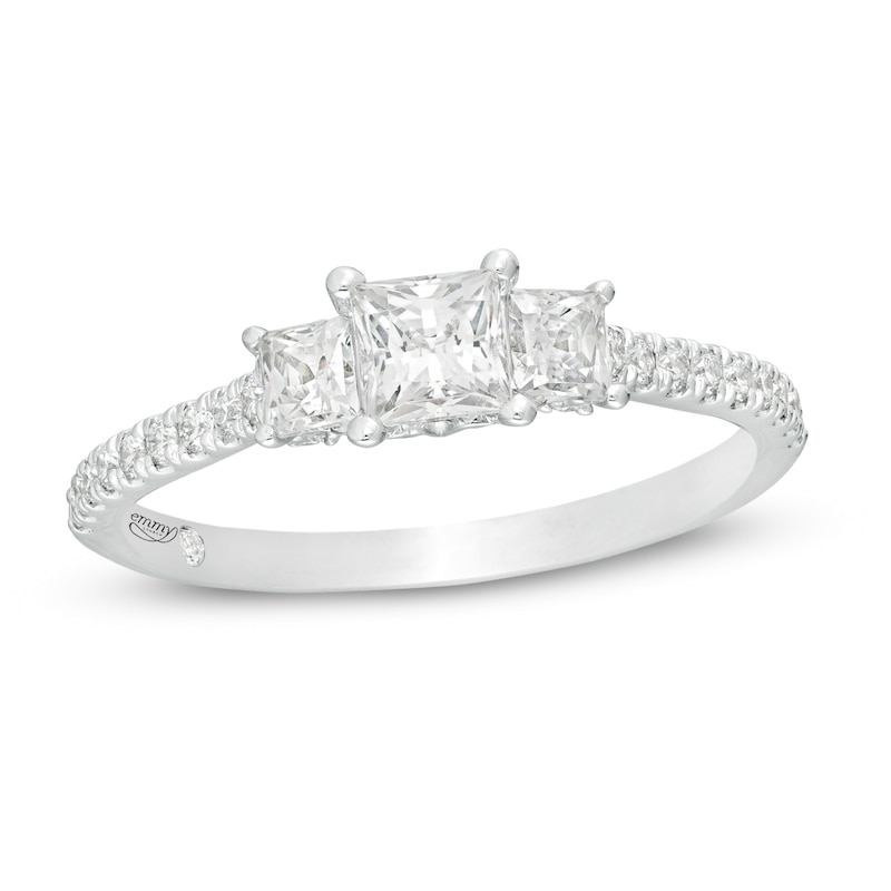 Main Image 1 of Emmy London 1.00 CT. T.W. Certified Princess-Cut Diamond Three Stone Engagement Ring in 18K White Gold (F/VS2)