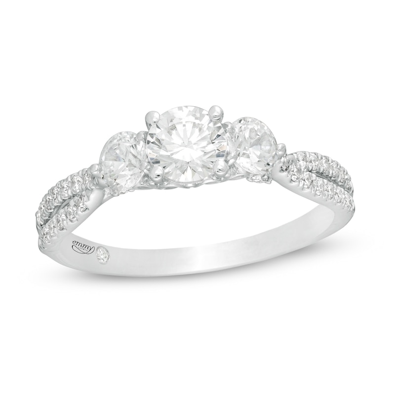 Emmy London 1.00 CT. T.W. Certified Diamond Three Stone Split Shank Engagement Ring in 18K White Gold (F/VS2)