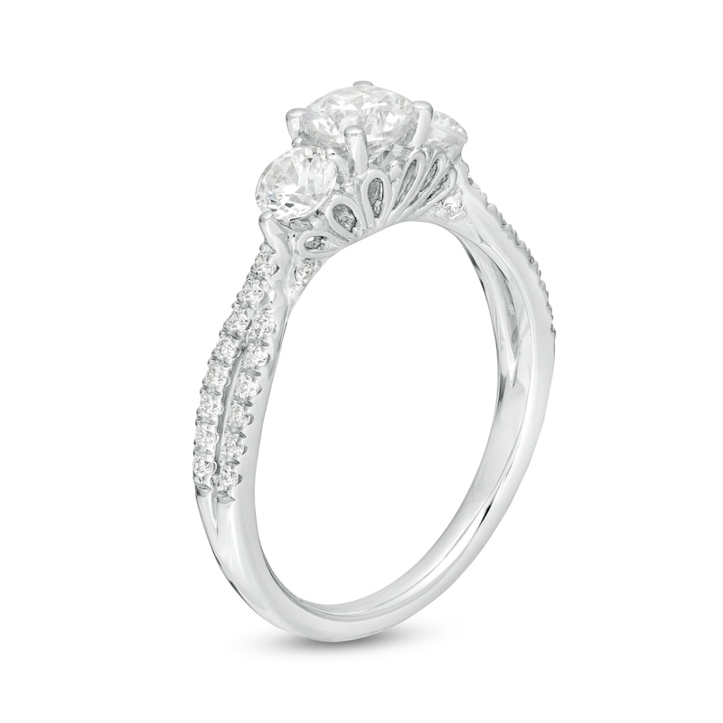 Emmy London 1.00 CT. T.W. Certified Diamond Three Stone Split Shank Engagement Ring in 18K White Gold (F/VS2)