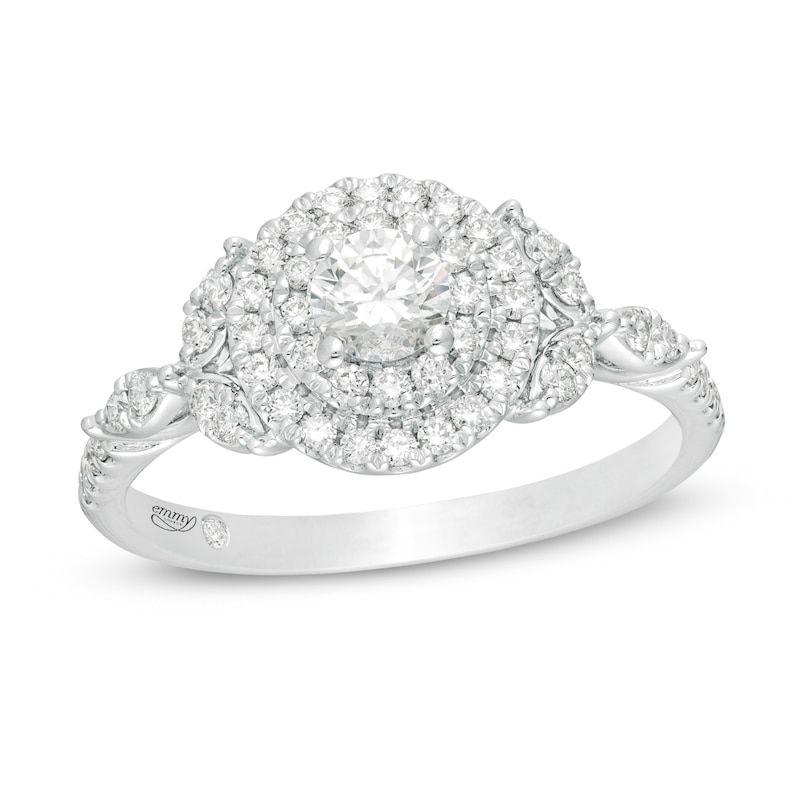 Emmy London 0.70 CT. T.W. Certified Diamond Double Frame Leaf-Sides Engagement Ring in 18K White Gold (F/VS2)