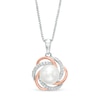 7.0mm Button Freshwater Cultured Pearl and Diamond Accent Love Knot Pendant in Sterling Silver and 14K Gold Plate