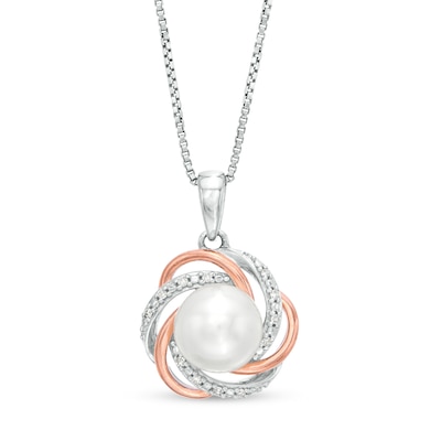 7.0mm Button Freshwater Cultured Pearl and Diamond Accent Love Knot Pendant in Sterling Silver and 14K Gold Plate