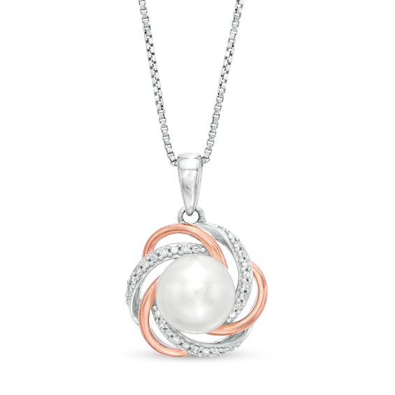 7.0mm Button Freshwater Cultured Pearl and Diamond Accent Love Knot Pendant in Sterling Silver and 14K Gold Plate