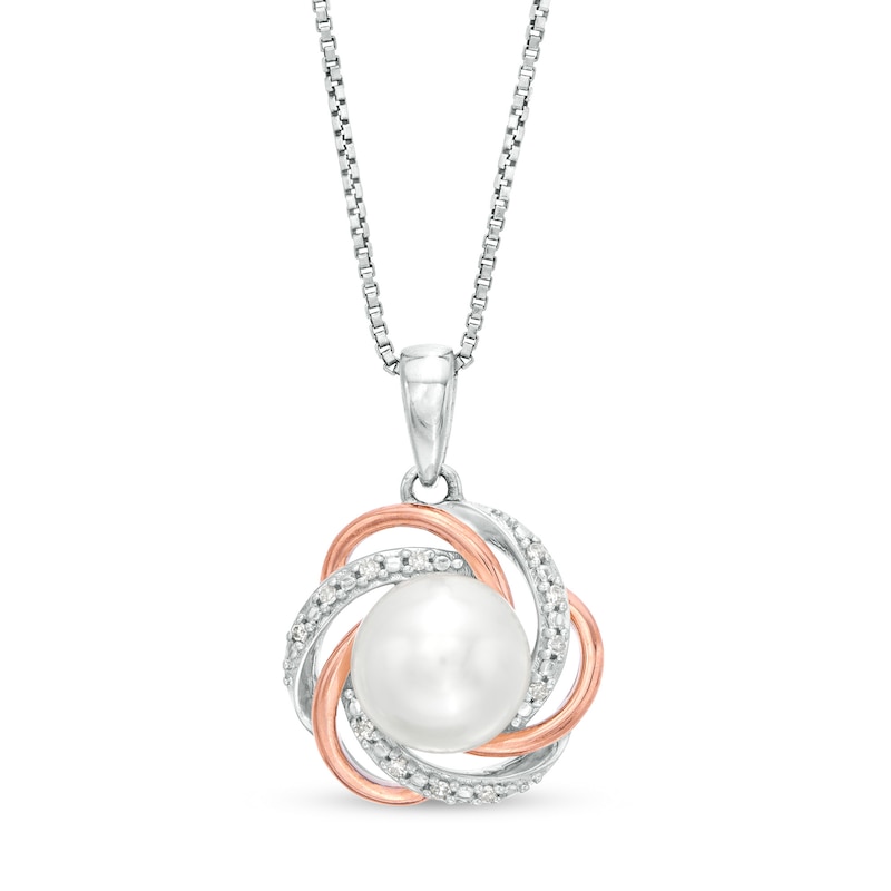7.0mm Button Freshwater Cultured Pearl and Diamond Accent Love Knot Pendant in Sterling Silver and 14K Gold Plate