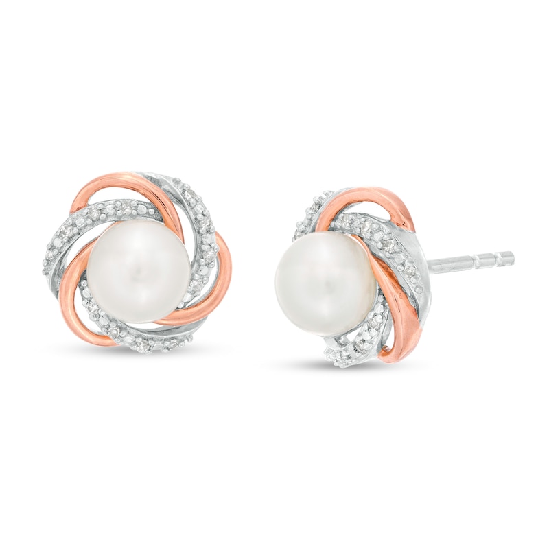 Button Cultured Freshwater Pearl and 0.05 CT. T.W. Diamond Love Knot Stud Earrings in Sterling Silver and 14K Gold Plate