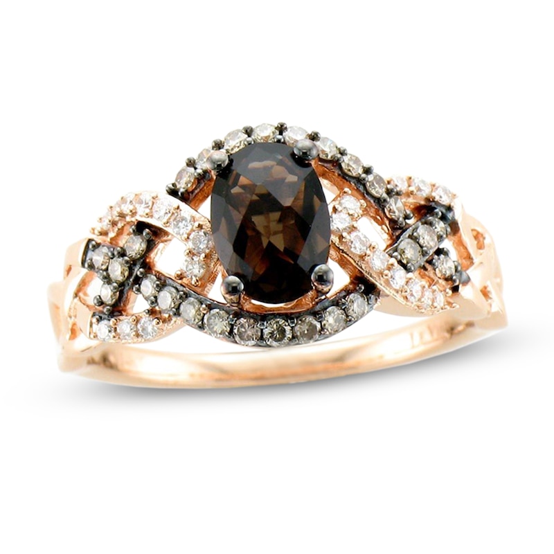 Main Image 1 of Le Vian® Oval Chocolate Quartz™ and 0.28 CT. T.W. Diamond Woven Shank Ring in 14K Strawberry Gold™