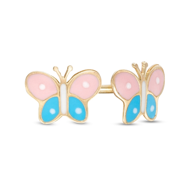 Child's Pink, Blue and White Enamel Butterfly Stud Earrings in 10K Gold|Peoples Jewellers