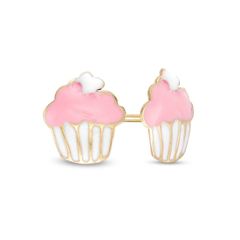 Child's Pink and White Enamel Cupcake Stud Earrings in 10K Gold