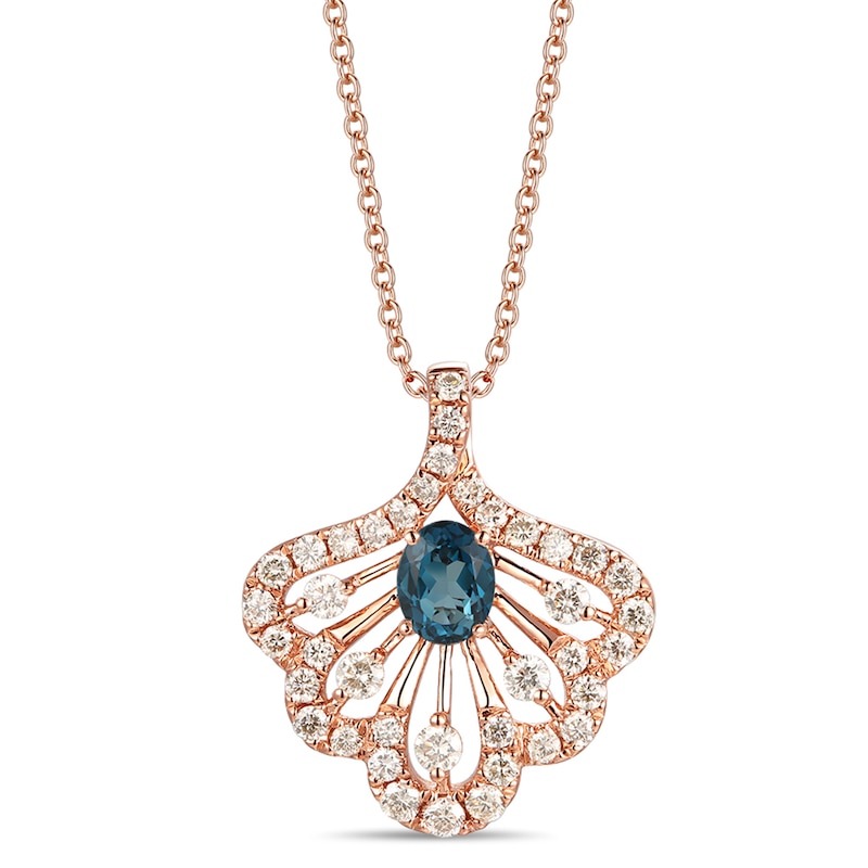 Le Vian® Oval Deep Sea Blue Topaz™ and Crème Brûlée Diamonds™ 0.59 CT. T.W. Diamond Fan Pendant in 14K Strawberry Gold™