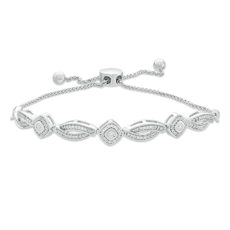 0.23 CT. T.W. Diamond Tilted Cushion Frame Alternating Bolo Bracelet in Sterling Silver - 9.5"|Peoples Jewellers