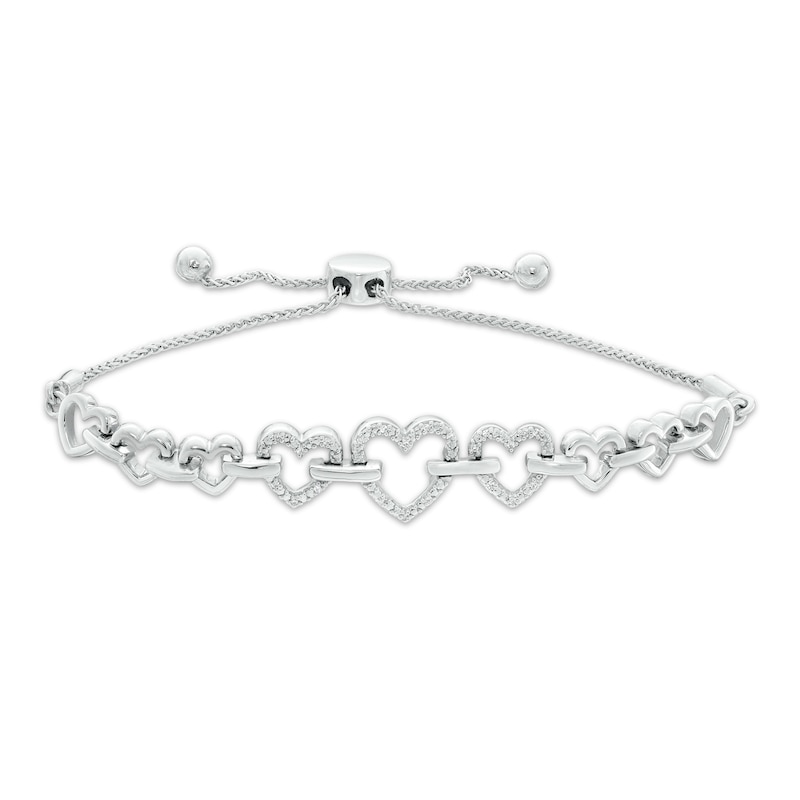 0.04 CT. T.W. Diamond Alternating Heart Link Bolo Bracelet in Sterling Silver - 9.5"|Peoples Jewellers