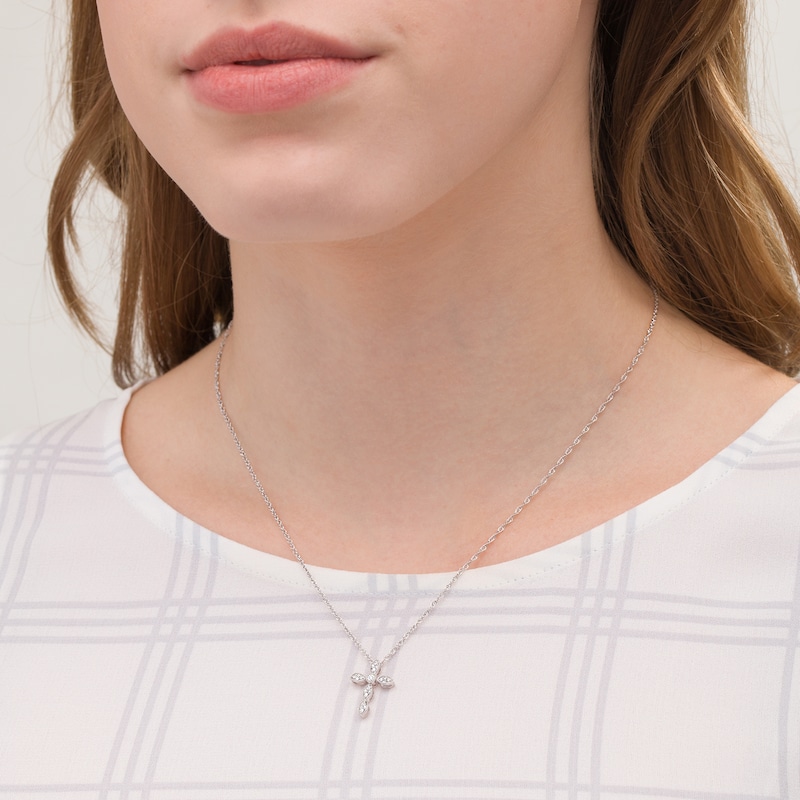 Main Image 2 of 0.085 CT. T.W. Diamond Vintage-Style Marquise Cross Pendant in Sterling Silver