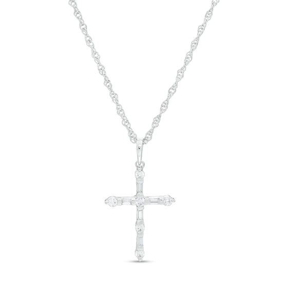 0.18 CT. T.W. Baguette and Round Diamond Cross Pendant in 10K White Gold 0.18 CT. T.W. Baguette and Round Diamond Cross Pendant in 10K White Gold