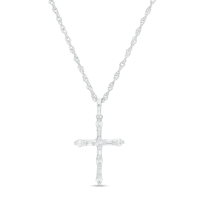0.18 CT. T.W. Baguette and Round Diamond Cross Pendant in 10K White Gold