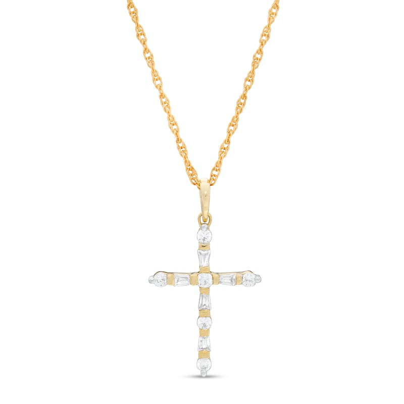 0.18 CT. T.W. Baguette and Round Diamond Cross Pendant in 10K Gold