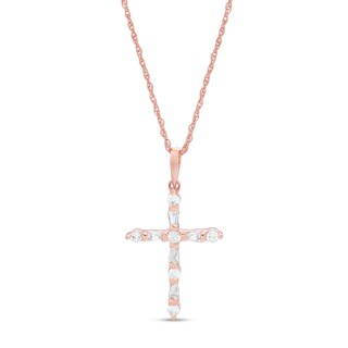 0.18 CT. T.W. Baguette and Round Diamond Cross Pendant in 10K Rose Gold