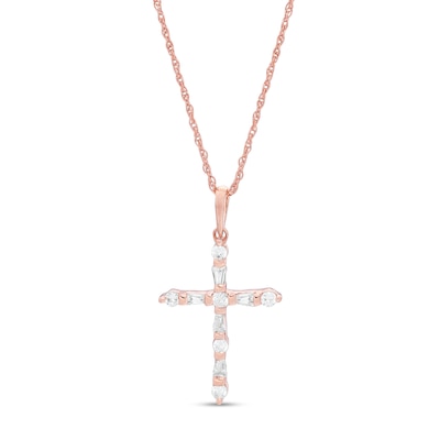 0.18 CT. T.W. Baguette and Round Diamond Cross Pendant in 10K Rose Gold
