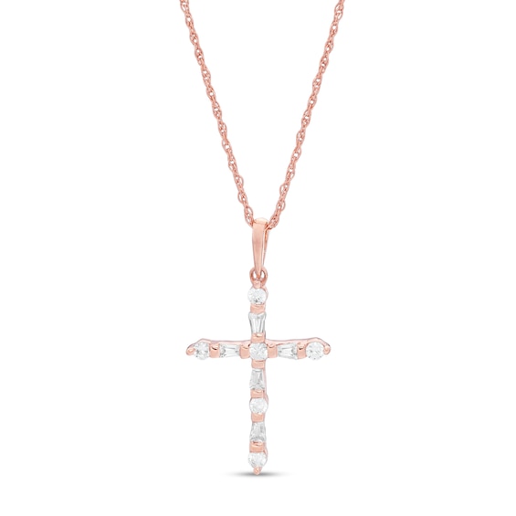 0.18 CT. T.W. Baguette and Round Diamond Cross Pendant in 10K Rose Gold