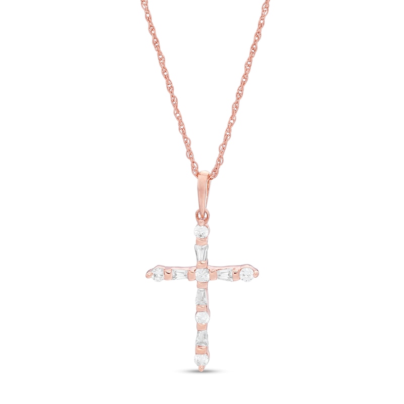 0.18 CT. T.W. Baguette and Round Diamond Cross Pendant in 10K Rose Gold