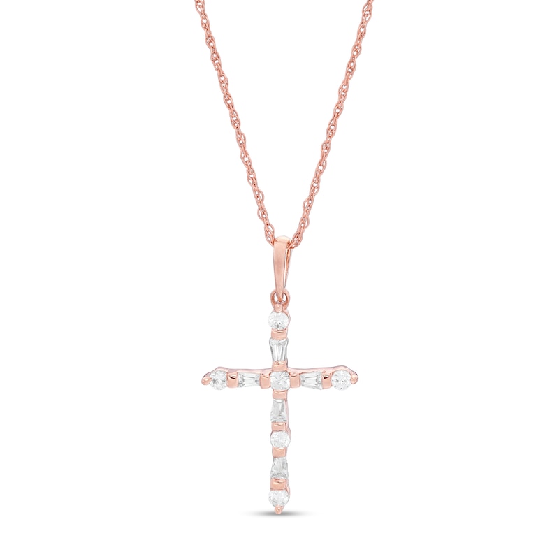 0.18 CT. T.W. Baguette and Round Diamond Cross Pendant in 10K Rose Gold|Peoples Jewellers