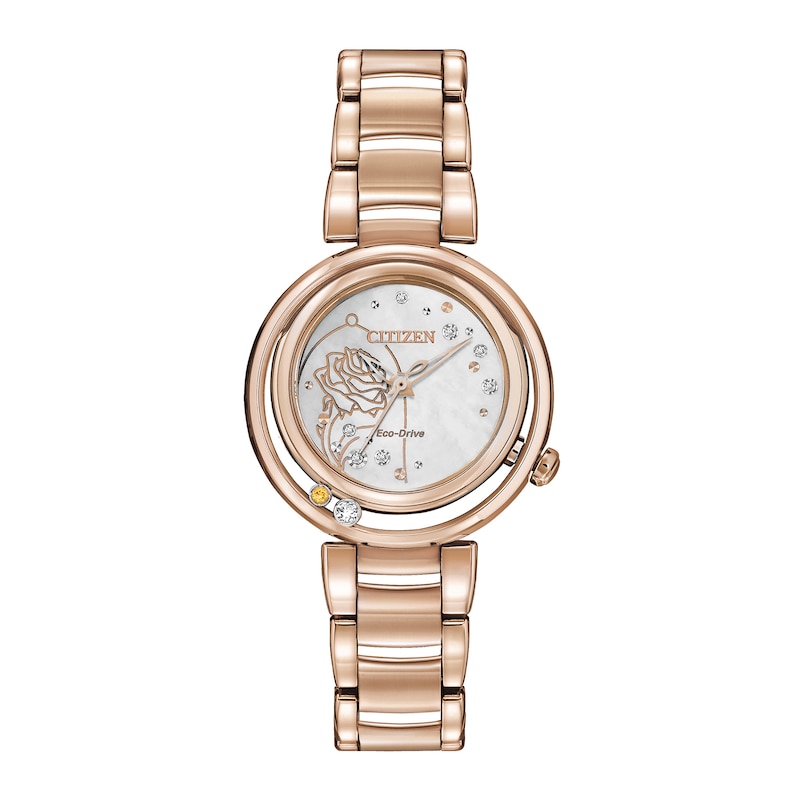 Ladies' Citizen Eco-Drive® Disney Belle Diamond Accent Rose-Tone Watch with Mother-of-Pearl Dial (Model: EM0823-58D)|Peoples Jewellers