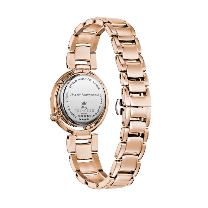 Ladies' Citizen Eco-Drive® Disney Belle Diamond Accent Rose-Tone Watch with Mother-of-Pearl Dial (Model: EM0823-58D)