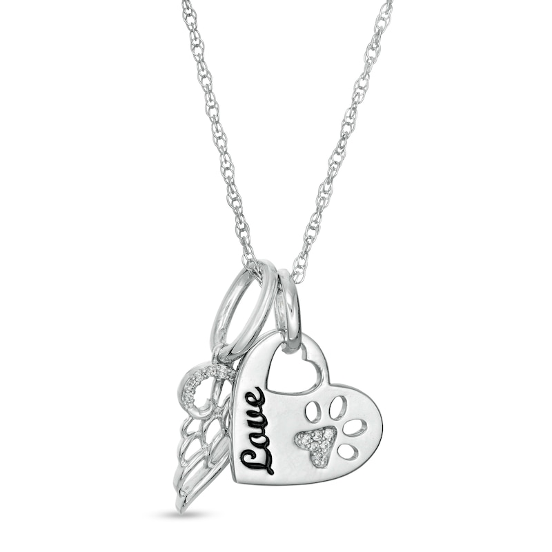 Main Image 1 of 1/15 CT. T.W. Diamond Engravable Cut-Out Paw Print Heart and Angel Wing Charm Pendant in Sterling Silver (1 Line)