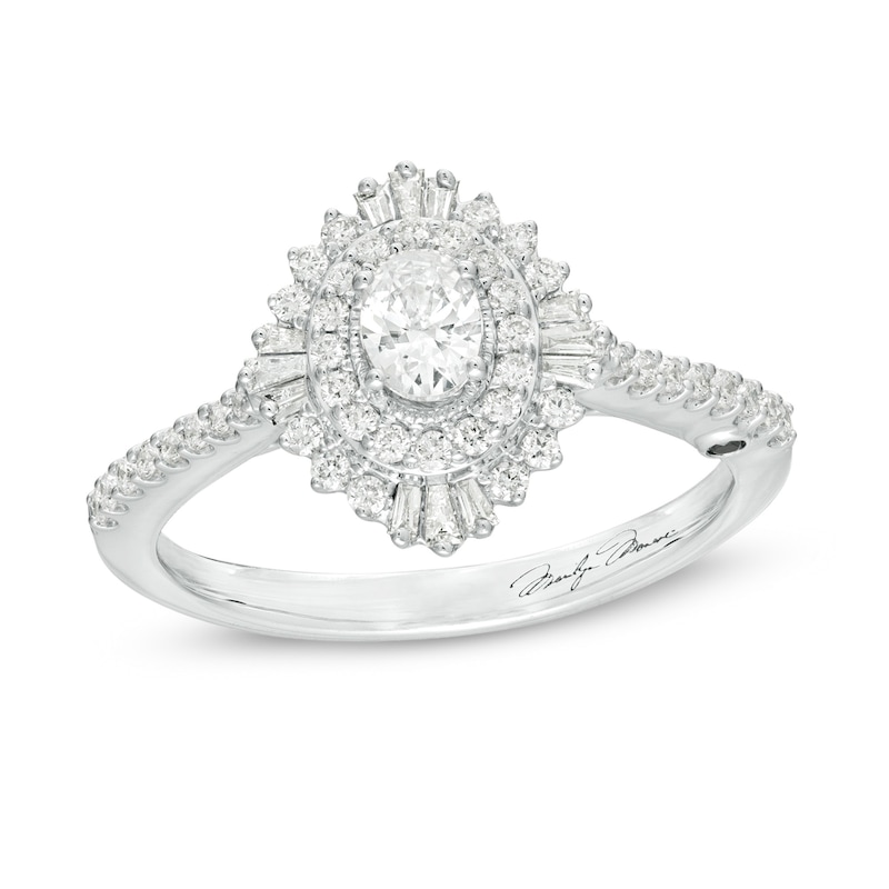 Marilyn Monroe™ Collection 0.58 CT. T.W. Oval Diamond Double Frame Starburst Engagement Ring in 14K White Gold
