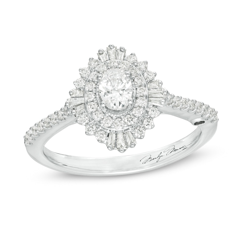 Main Image 1 of Marilyn Monroe™ Collection 0.58 CT. T.W. Oval Diamond Double Frame Starburst Engagement Ring in 14K White Gold