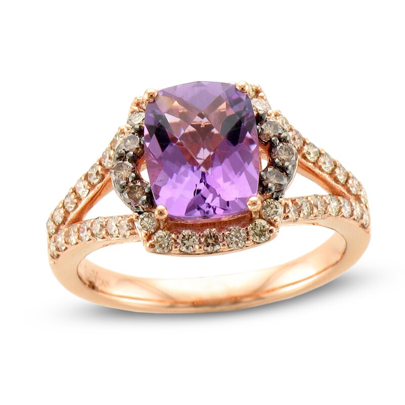 Main Image 1 of Le Vian® Cushion-Cut Grape Amethyst™ and 0.58 CT. T.W. Diamond Frame Split Shank Ring in 14K Strawberry Gold™