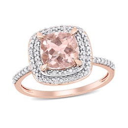 7.0mm Cushion-Cut Morganite and 0.09 CT. T.W. Diamond Double Frame Ring in 14K Rose Gold