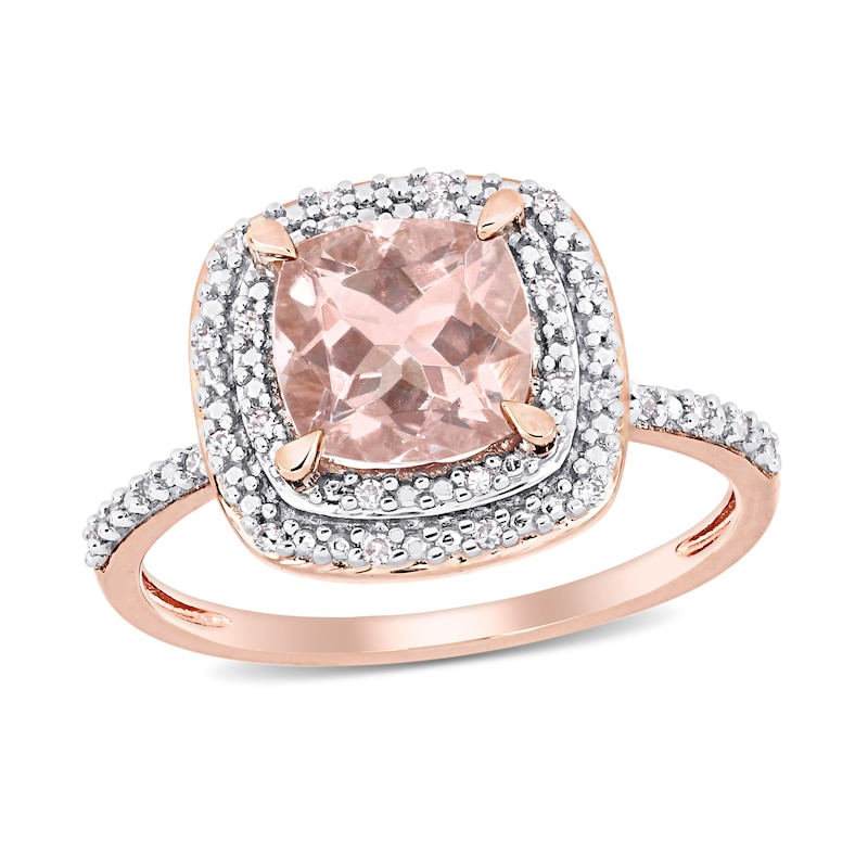 7.0mm Cushion-Cut Morganite and 0.09 CT. T.W. Diamond Double Frame Ring in 14K Rose Gold
