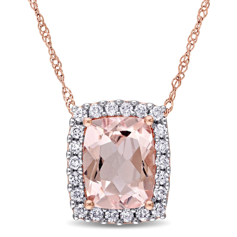 Main Image 1 of Elongated Cushion-Cut Morganite and 0.24 CT. T.W. Diamond Frame Pendant in 14K Rose Gold - 17"