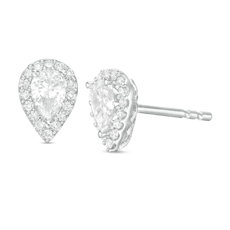 Main Image 1 of 0.95 CT. T.W. Certified Pear-Shaped Diamond Frame Stud Earrings in 14K White Gold (I/SI2)