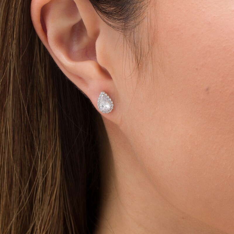 Main Image 2 of 0.95 CT. T.W. Certified Pear-Shaped Diamond Frame Stud Earrings in 14K White Gold (I/SI2)