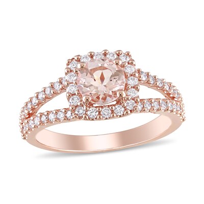 6.0mm Morganite and 0.48 CT. T.W. Diamond Square Frame Split Shank Ring in 14K Rose Gold