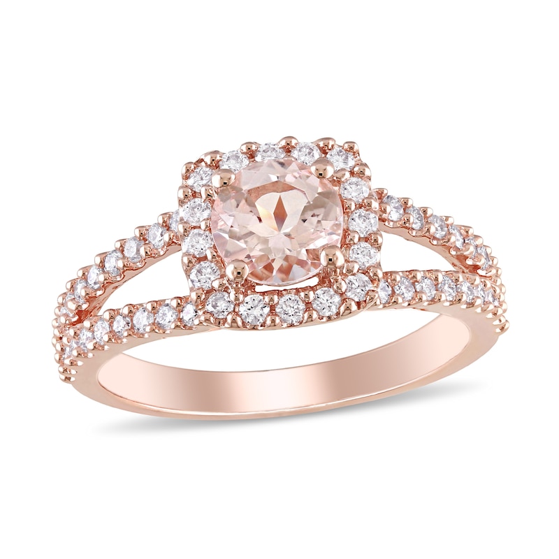 6.0mm Morganite and 0.48 CT. T.W. Diamond Square Frame Split Shank Ring in 14K Rose Gold