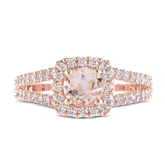 6.0mm Morganite and 0.48 CT. T.W. Diamond Square Frame Split Shank Ring in 14K Rose Gold
