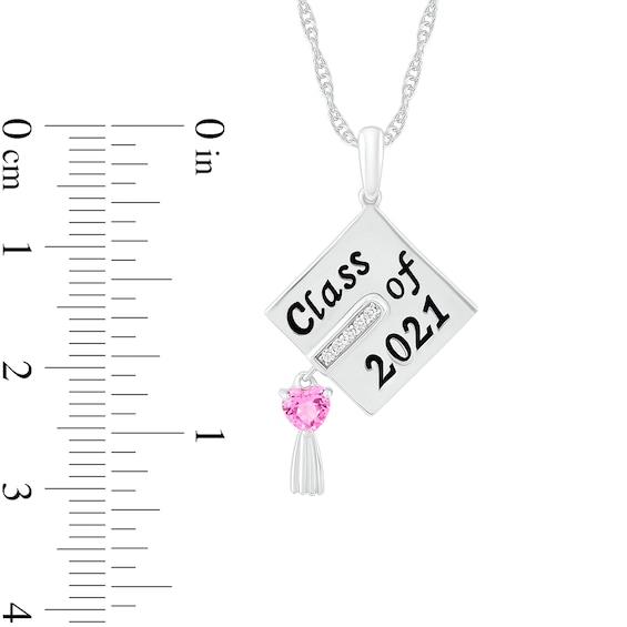 Heart-Shaped Simulated Birthstone and Diamond Accent Graduation Cap Pendant in Sterling Silver (1 Stone and 3 Lines)