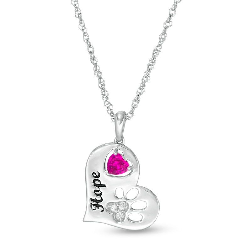 Main Image 1 of 4.0mm Heart-Shaped Simulated Birthstone and Diamond Accent Paw Print Heart Pendant in Sterling Silver (1 Stone and Line)
