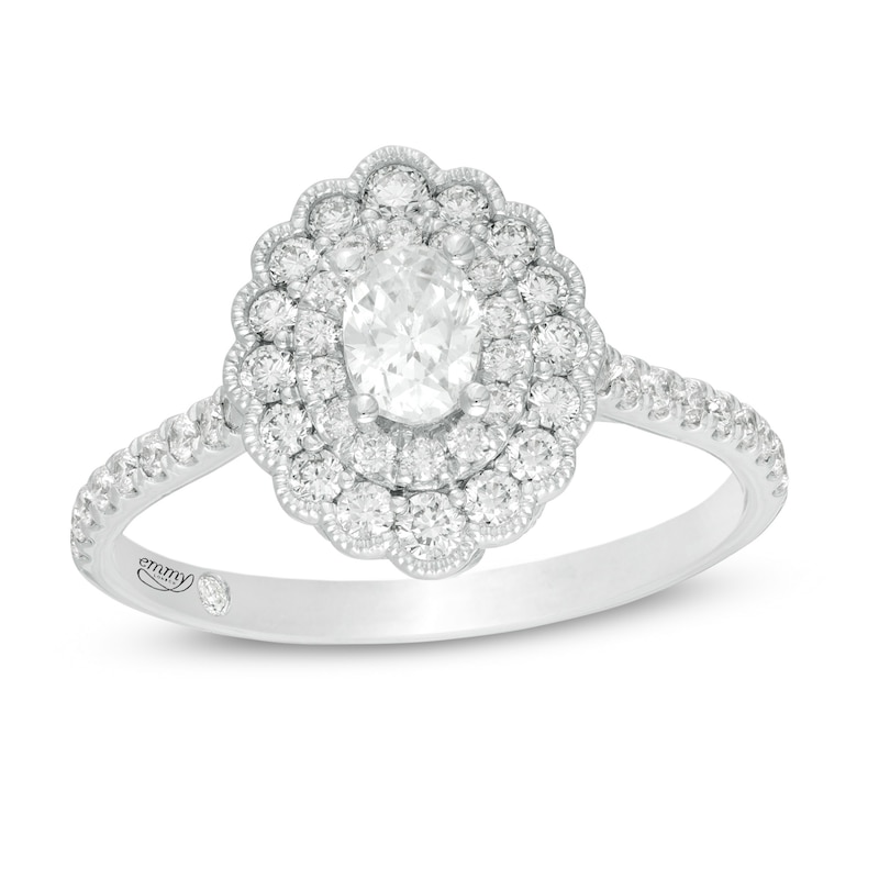 Emmy London 0.80 CT. T.W. Certified Oval Diamond Scallop Frame Engagement Ring in 18K White Gold (F/VS2)