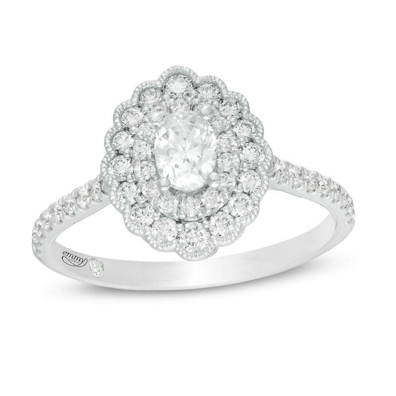 Main Image 1 of Emmy London 0.80 CT. T.W. Certified Oval Diamond Scallop Frame Engagement Ring in 18K White Gold (F/VS2)
