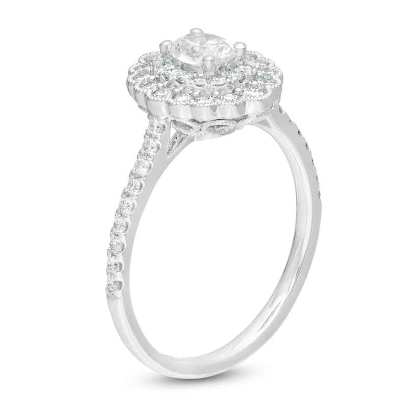Emmy London 0.80 CT. T.W. Certified Oval Diamond Scallop Frame Engagement Ring in 18K White Gold (F/VS2)