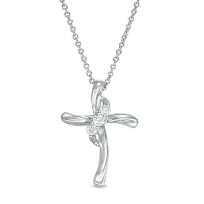 0.145 CT. T.W. Diamond Past Present Future® Curved Cross Pendant in 10K White Gold